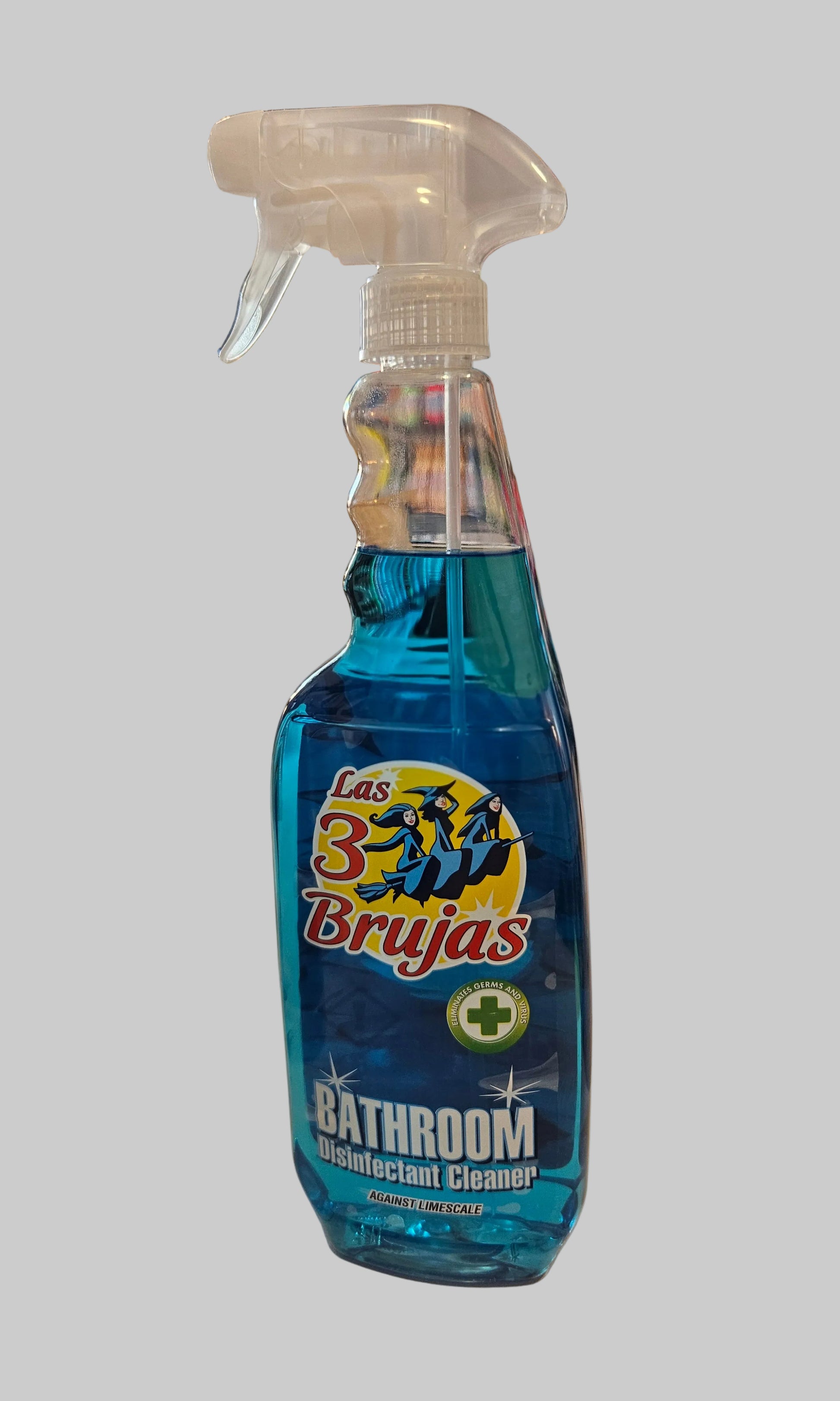 A bottle of Las 3 Brujas Bathroom Disinfectant Cleaner..