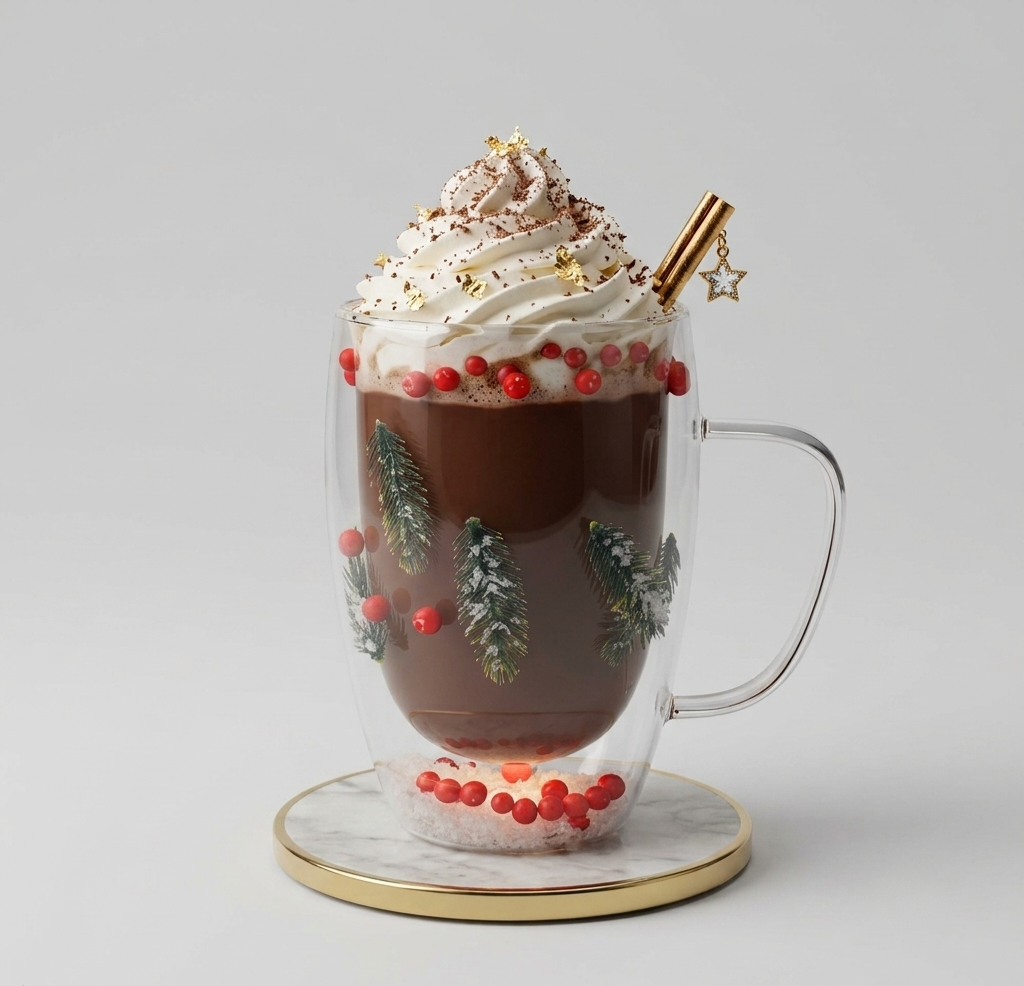 Botanical pine and berries 300ml double-walled borosilicate glass mug with festive design