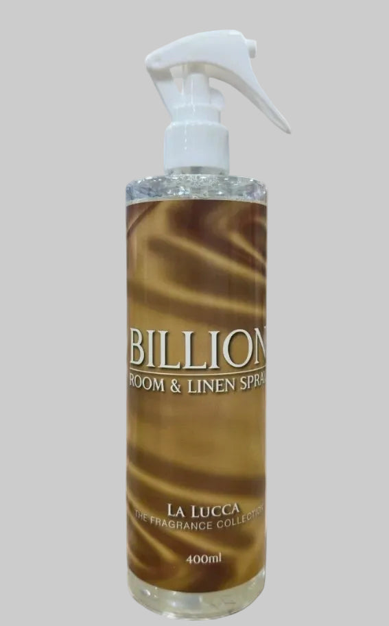 Billion Room and Linen Spray, luxury home fragrance spray for freshening rooms, bedding, curtains and fabrics with a beautiful long-lasting scent.