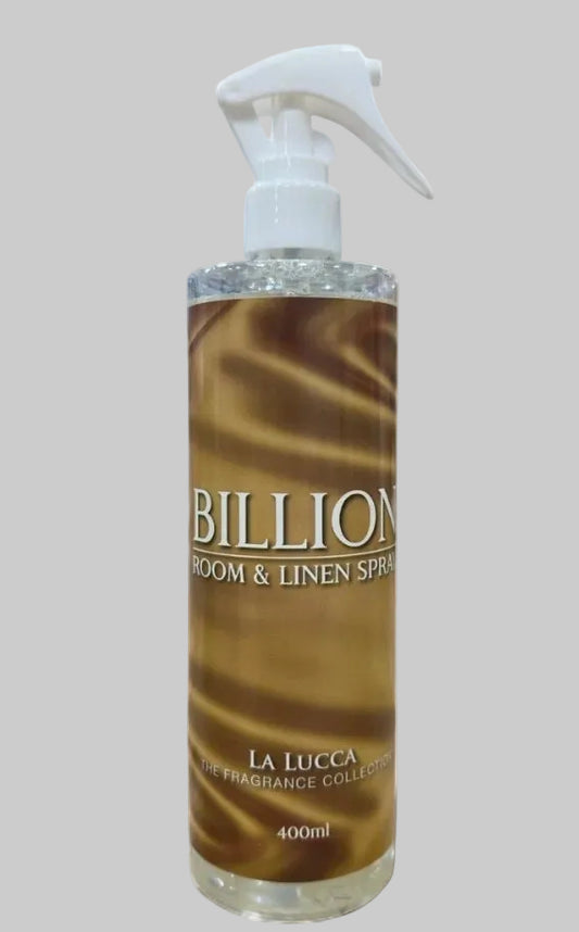 Billion Room and Linen Spray, luxury home fragrance spray for freshening rooms, bedding, curtains and fabrics with a beautiful long-lasting scent.