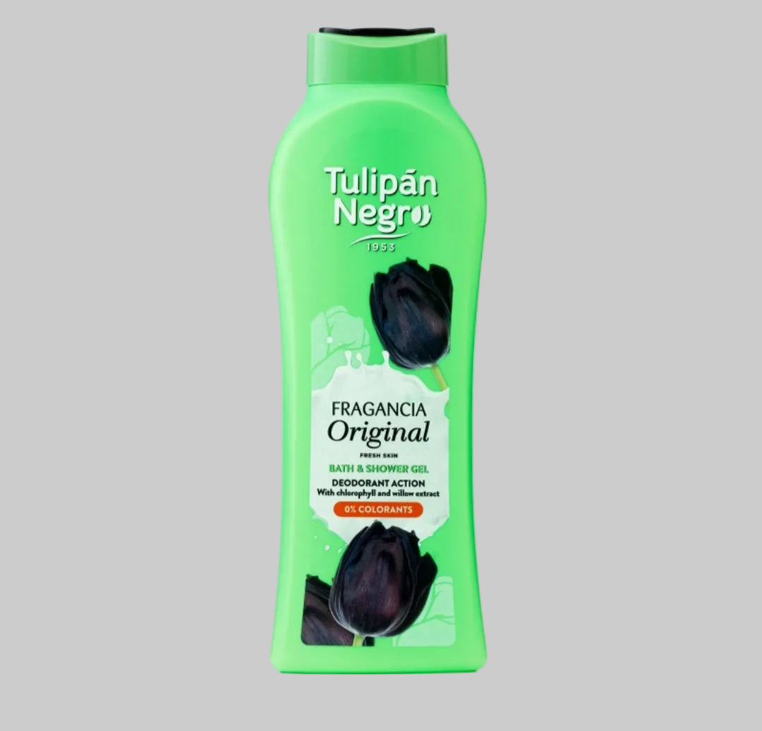 A bottle of Tulipán Negro Fragancia Original bath and shower gel, featuring a bright green bottle with dark purple tulip illustrations and white text, set against a plain white background.