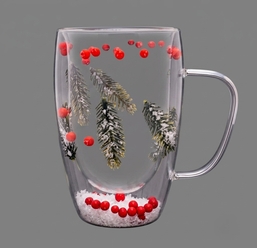 Botanical pine and berries 300ml double-walled borosilicate glass mug with festive design