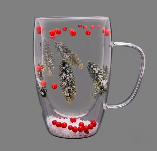 Botanical Pine & Berries Double-Walled Glass Mug 300ml