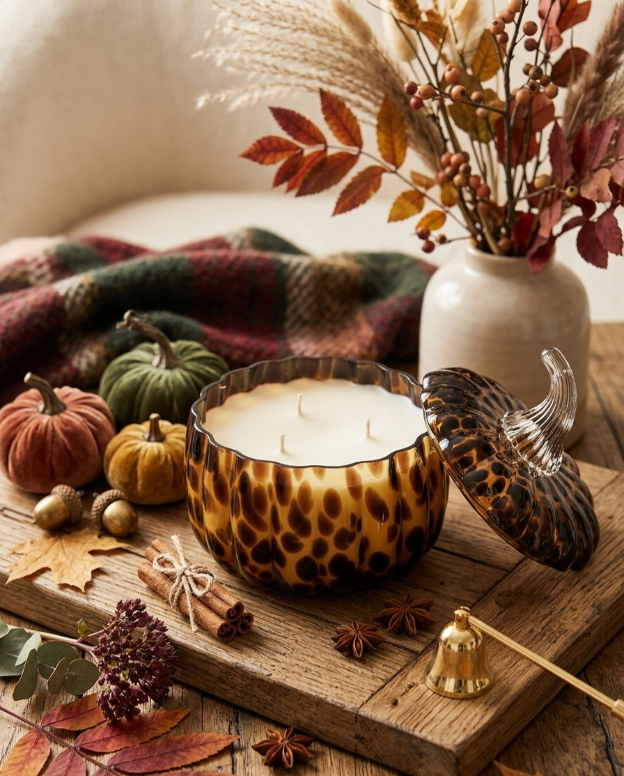 A seasonal scented  pumkin candle in a leopard-print glass jar with its lid . Uk la ama de casa 
