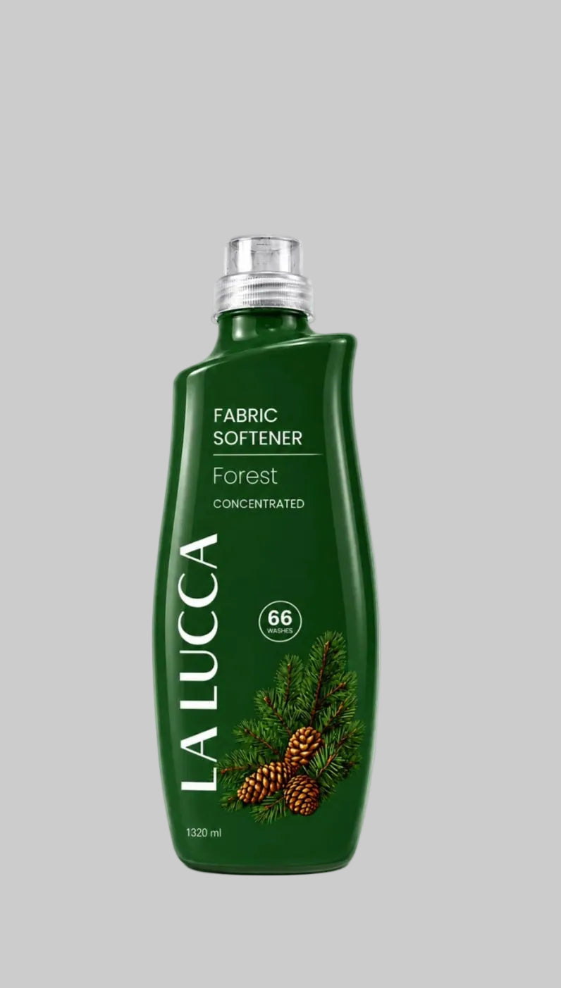 A bottle of LALUCCA Forest Concentrated Fabric Softener in dark green with pine branch and pinecone illustrations, featuring a silver cap, on a white background.