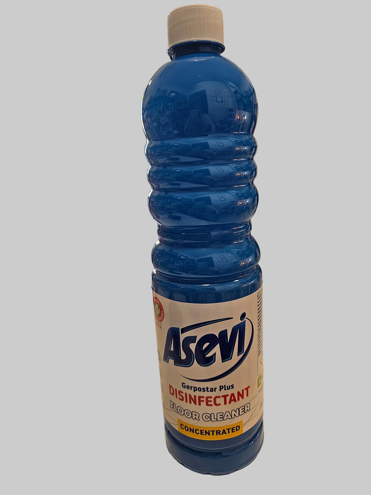 A bottle of Asevi Disinfectant Floor Cleaner concentrated liquid, 1 litre.