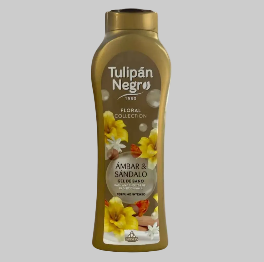 A bottle of Tulipán Negro 1993 Floral Collection bath & shower  gel in the Ambar & Sandalo scent. Spanish toiletries available from la ama de casa uk