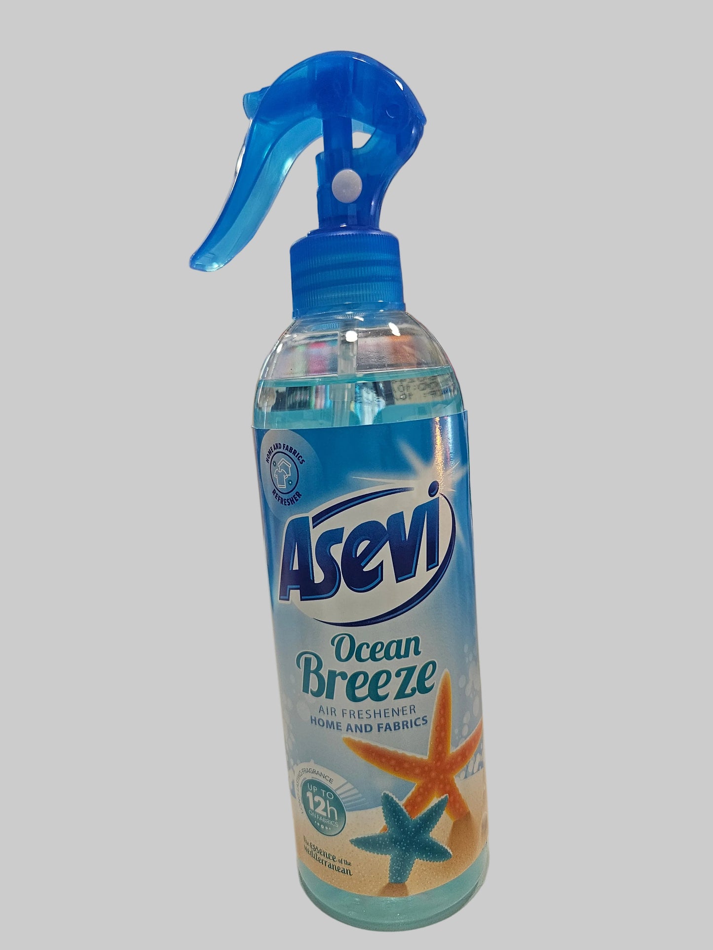 A bottle of Asevi Ocean Breeze air freshener spray.