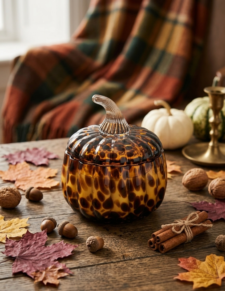 A decorative lidded pumpkin-shaped candle with a leopard print pattern. Uk la ama de casa 