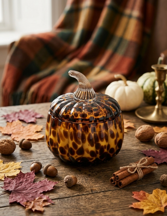 A decorative lidded pumpkin-shaped candle with a leopard print pattern. Uk la ama de casa 