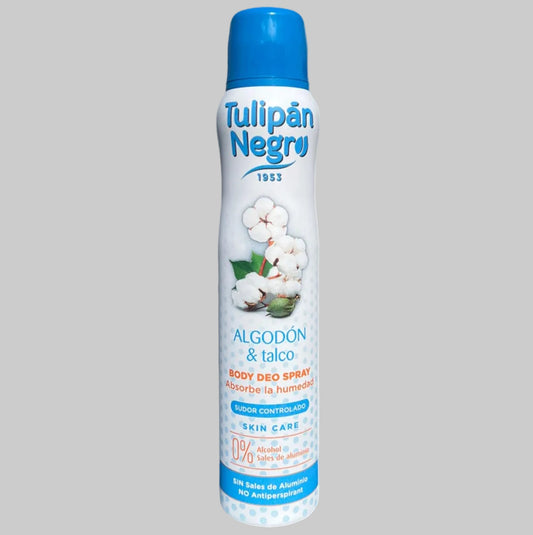 Tulipán Negro Deodorant Spray 200ml. Enjoy a fresh talco & cotton scent and everyday freshness with this popular Spanish deodorant.