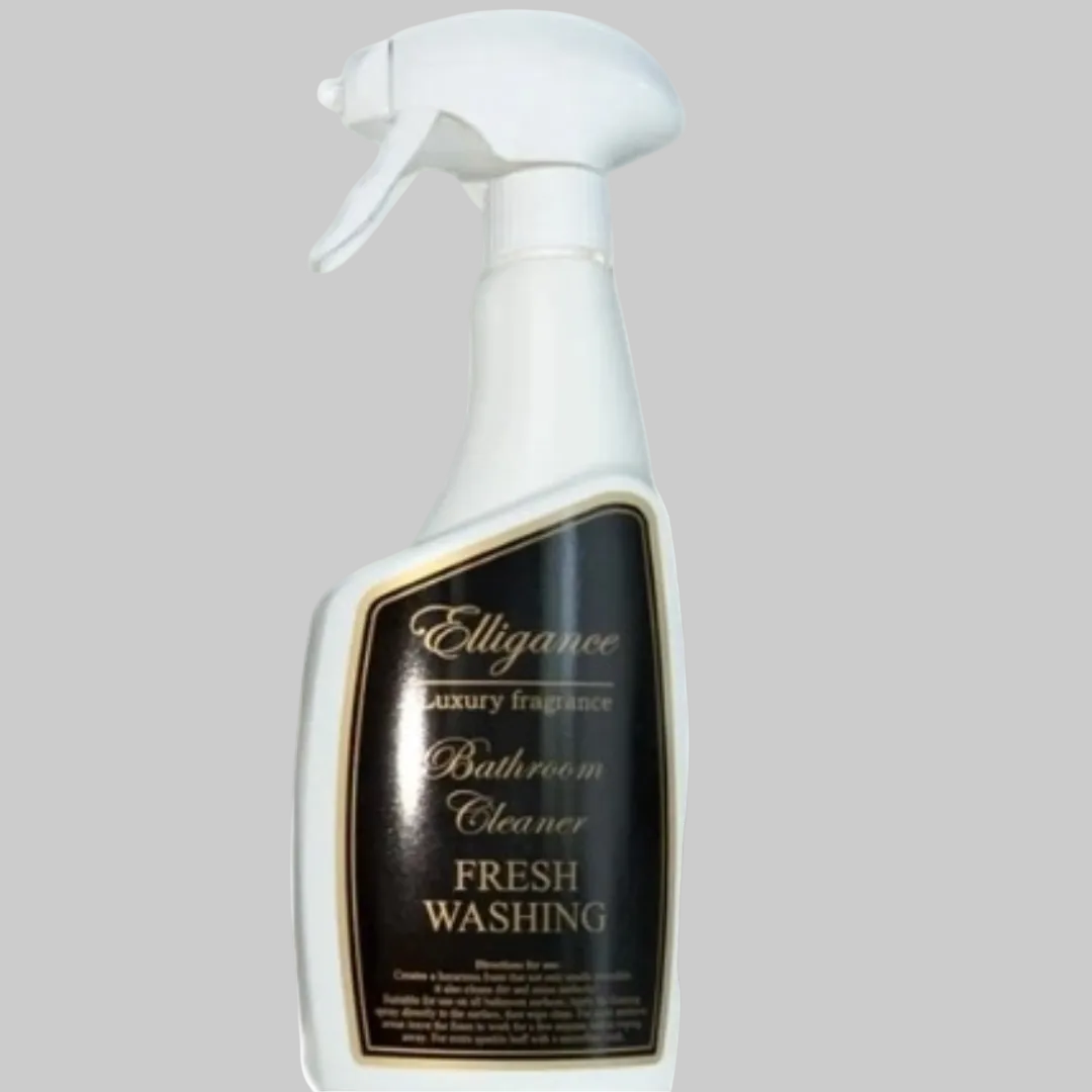 A white trigger spray bottle of Elligance Bathroom Cleaner with a black label featuring gold lettering, set against a solid gray background.