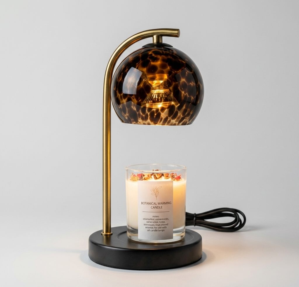 decorative candle warmer lamp made of blown glass with a warm amber, brown, and black tortoiseshell pattern, featuring a rounded base and a matching dome shade.