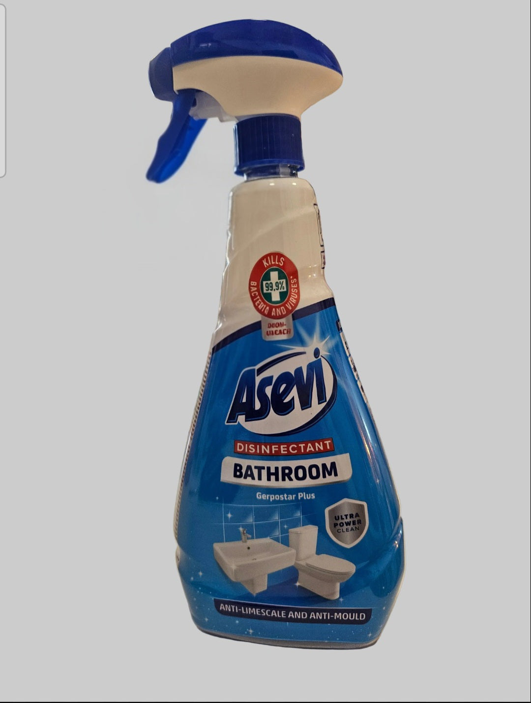 A bottle of Asevi Disinfectant Bathroom cleaner spray, featuring a blue and white label with a blue trigger sprayer, set against a plain light gray background.