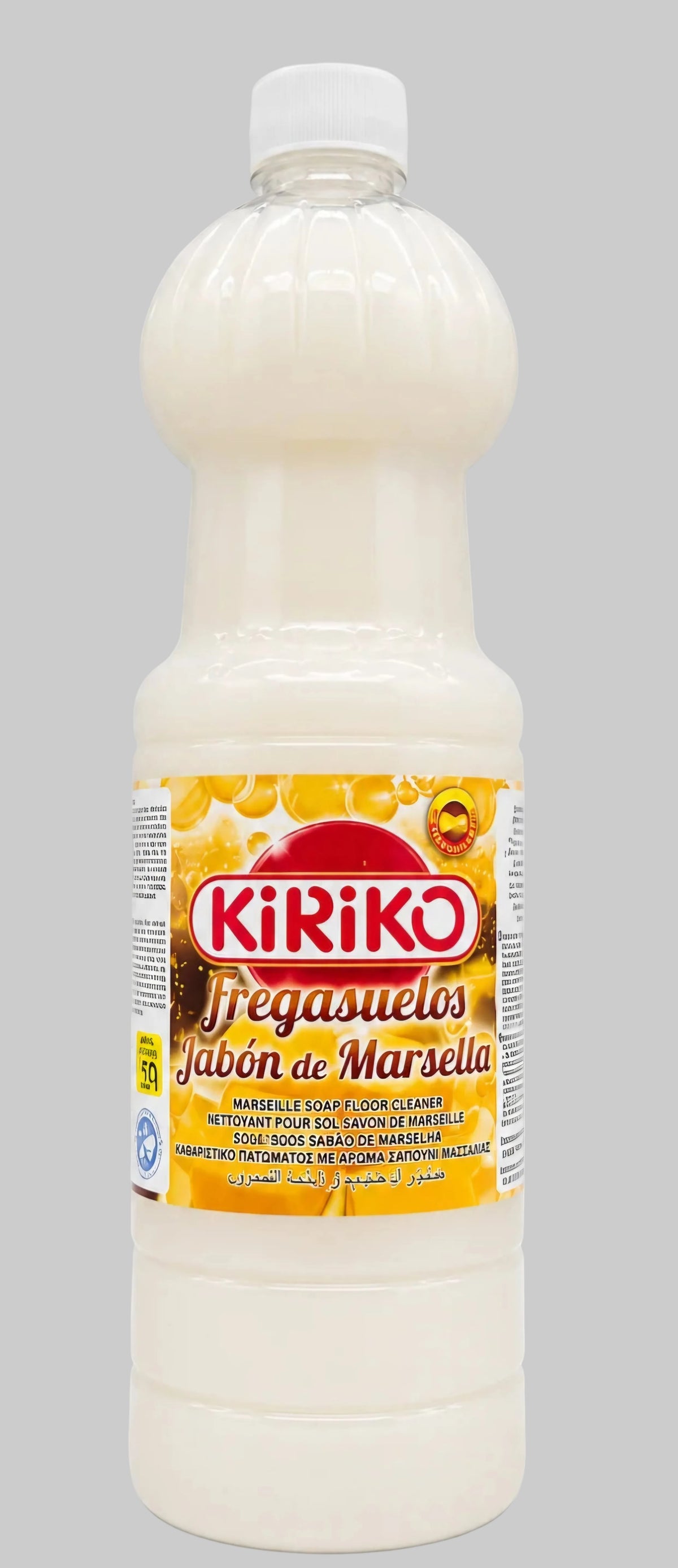 A plastic bottle of Kiriko Jabón de Marsella (Marsella Soap) filled with off-white liquid, featuring a yellow and red label, on a white background.