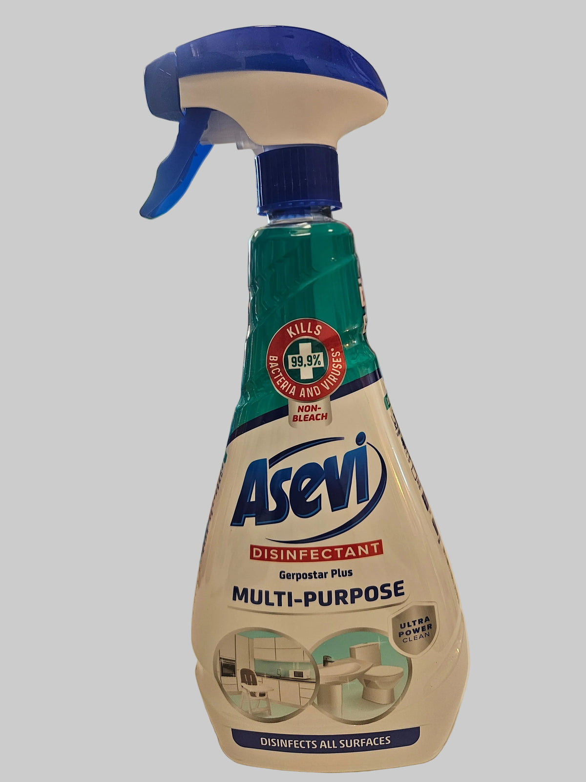 A bottle of Asevi Disinfectant Multi-Purpose Germster Plus spray bottle.
