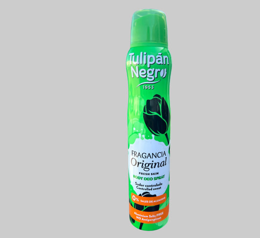 A green can of Tulipán Negro Fragancia Original Fresh Skin Fresh Air Spray.