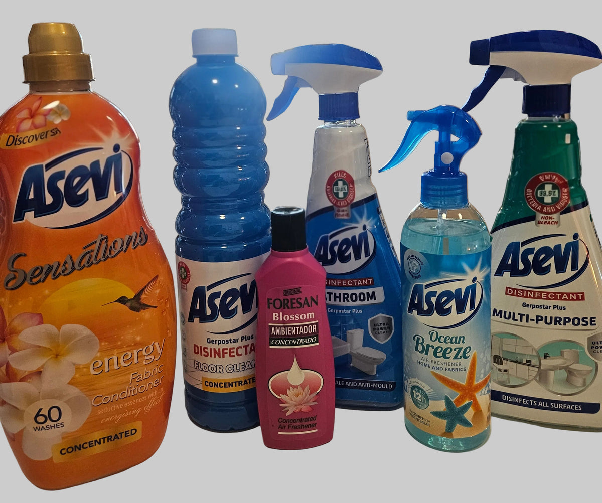 Spanish starter bundle. The products include asevi Sensations Fabric Conditioner, asevi disinfectant floor cleanee,  Asevi Ocean Breeze, and  Multi-Purpose spray bottles