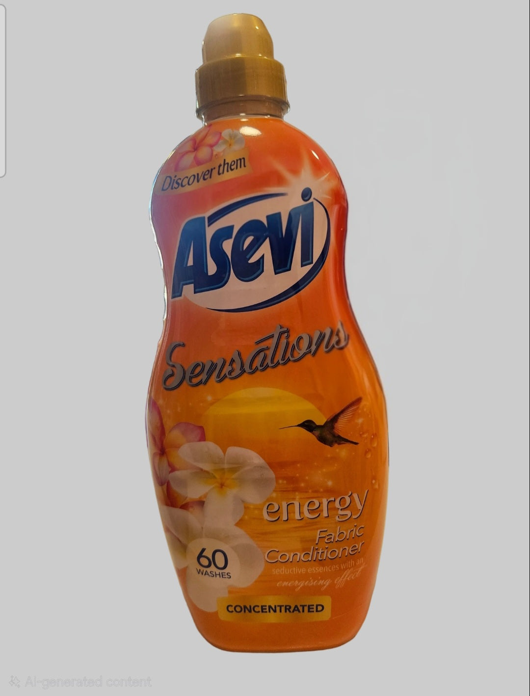 A bottle of Asevi Sensations Energy Fabric Conditioner 60 washes.